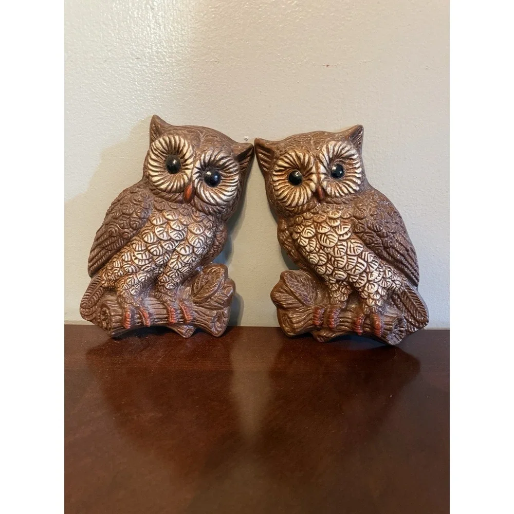 Vtg Owl Wall Decor Set Mid Century Retro Faux Wood Look Hanging Pair